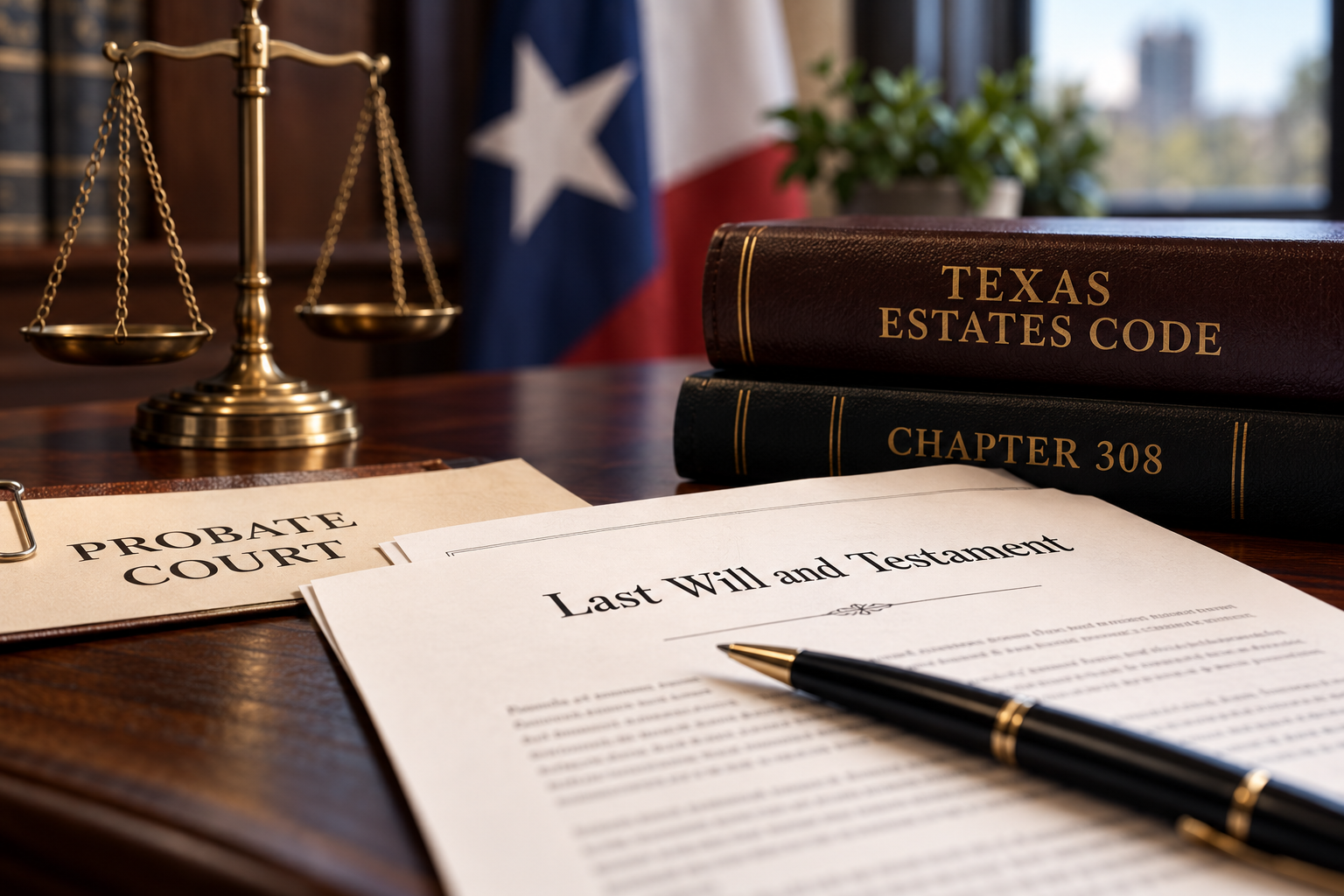 Texas Estates Code Chapter 308 law books beside a last will and testament, probate court documents, and scales of justice, illustrating executor notification duties and beneficiary inheritance rights under Texas probate law.