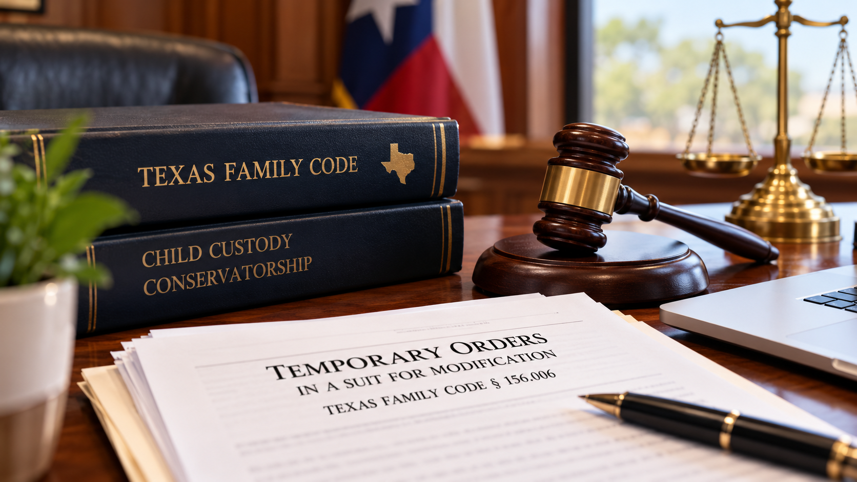 Texas Family Code law books, judge’s gavel, scales of justice, and temporary custody modification documents under Texas Family Code § 156.006 in a professional legal office.