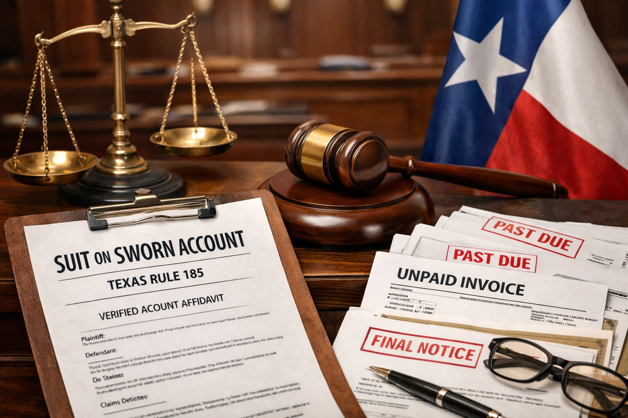 Court documents and unpaid invoice representing a Texas sworn account lawsuit under Rule 185.
