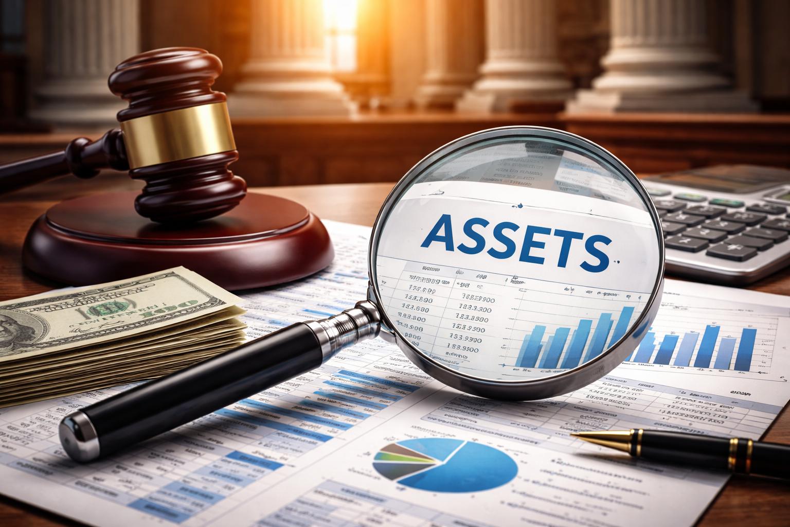 Judge’s gavel beside financial documents with a magnifying glass highlighting the word ‘assets,’ symbolizing post-judgment discovery and asset tracing under Texas law.