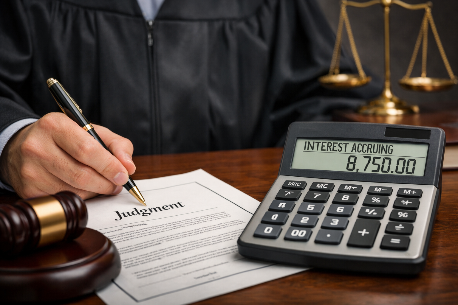 A Texas judge signing a money judgment while a calculator displays accruing interest, symbolizing post-judgment interest under Texas Finance Code Chapter 304.