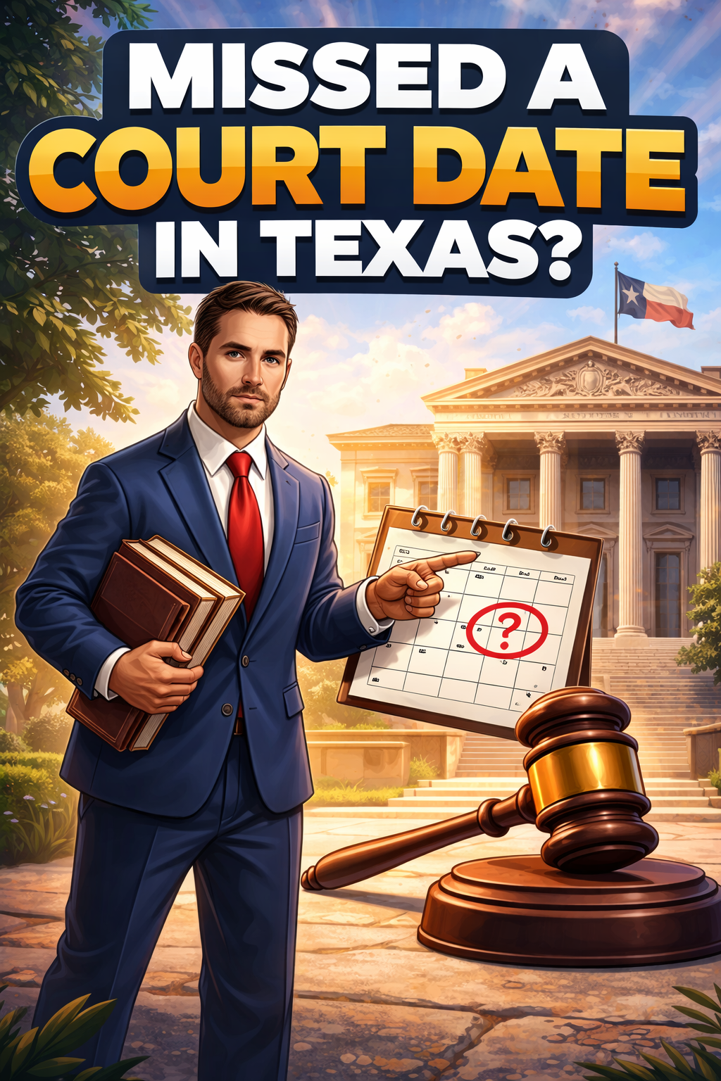 Texas courthouse exterior with empty courtroom benches and a judge’s gavel symbolizing the consequences of missing a court date in Texas.