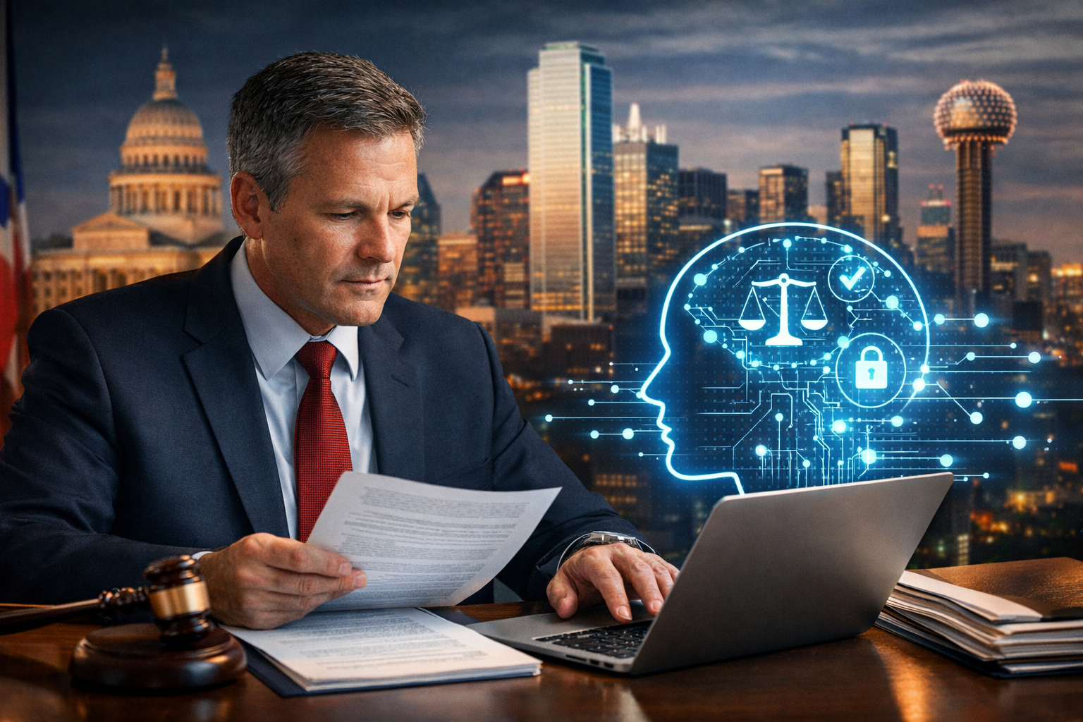 Texas attorney reviewing artificial intelligence compliance documents on laptop with digital AI network overlay and Texas skyline in background