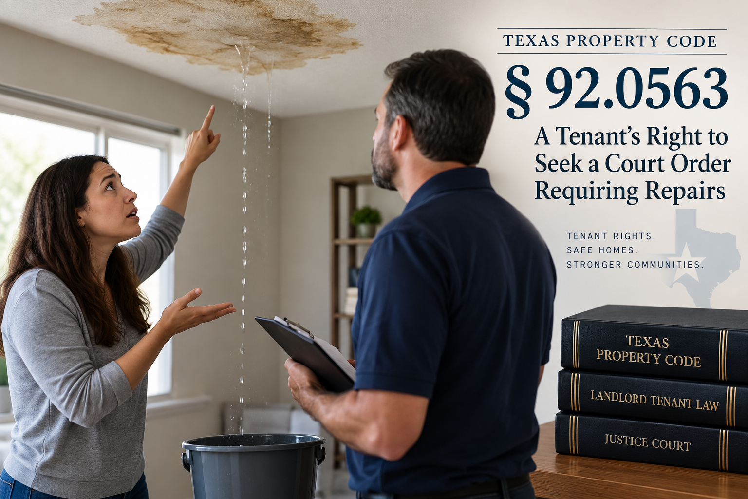 Texas tenant pointing to a leaking apartment ceiling while a landlord documents the damage, illustrating Texas Property Code § 92.0563 and a tenant’s right to seek a court order requiring repairs.