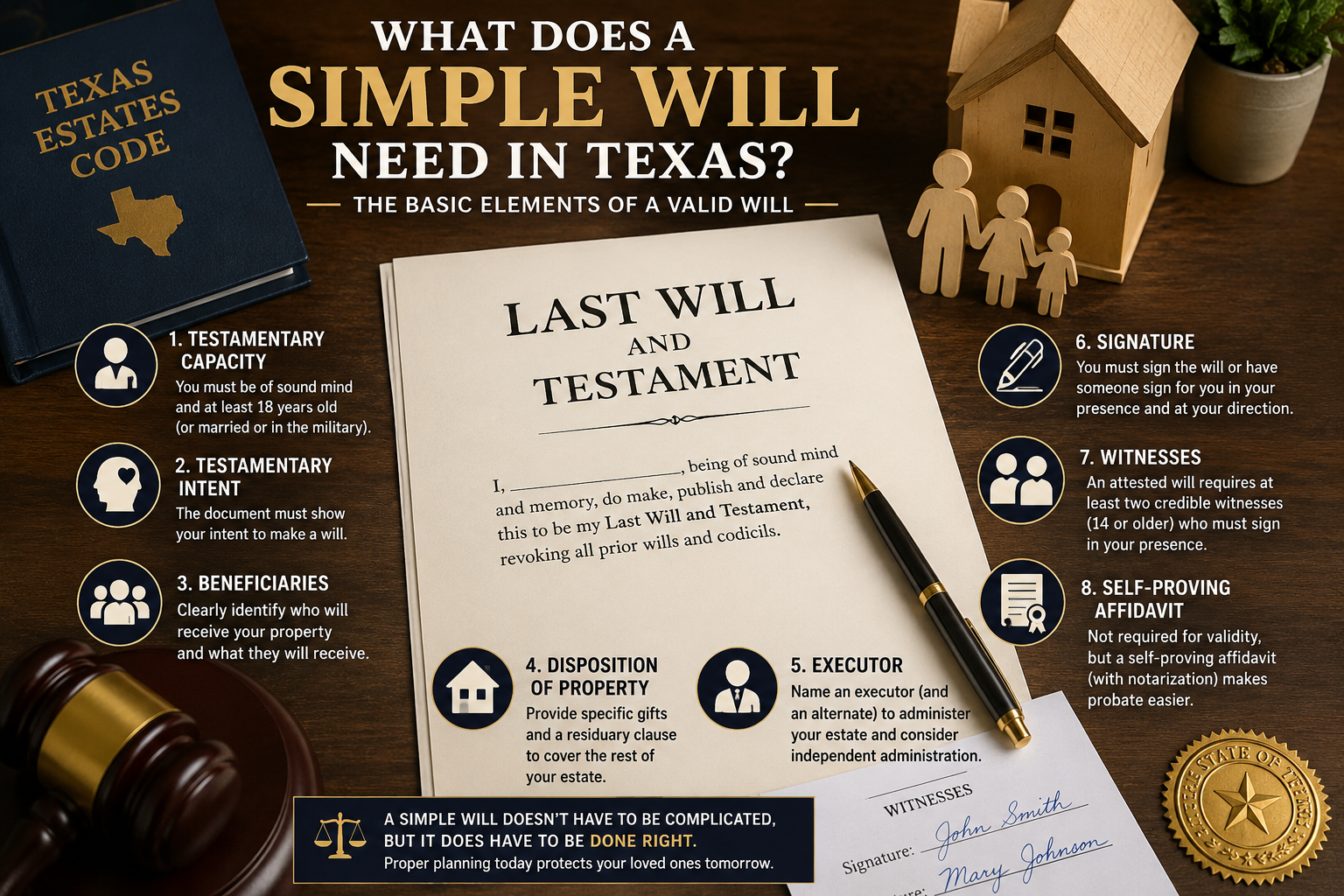 Texas simple will infographic featuring a Last Will and Testament, Texas Estates Code, house and family symbols, and the basic elements of a valid Texas will, including testamentary capacity, intent, beneficiaries, property distribution, executor appointment, signature, witnesses, and a self-proving affidavit.