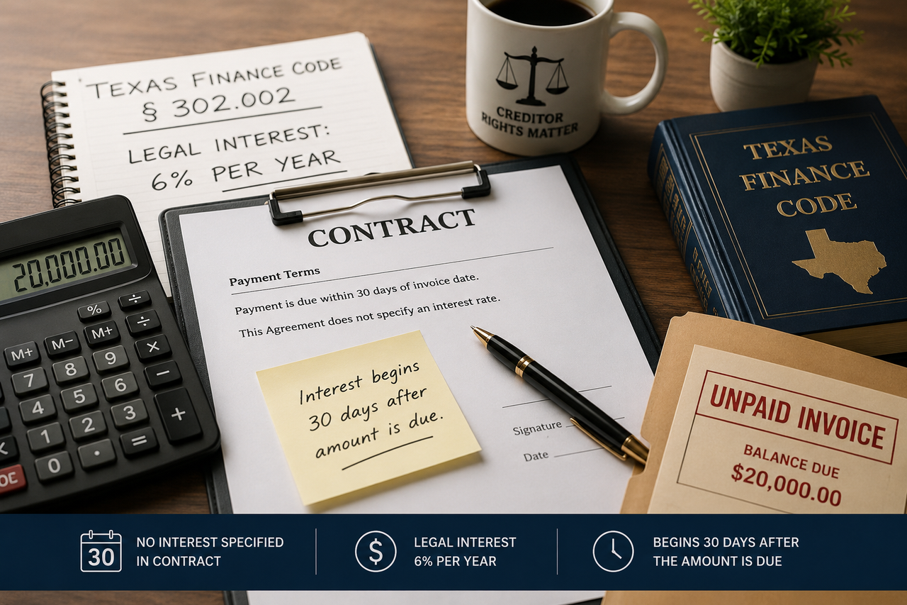 Contract, unpaid invoice, and calculator illustrating Texas statutory interest on unpaid debts under Texas Finance Code § 302.002.