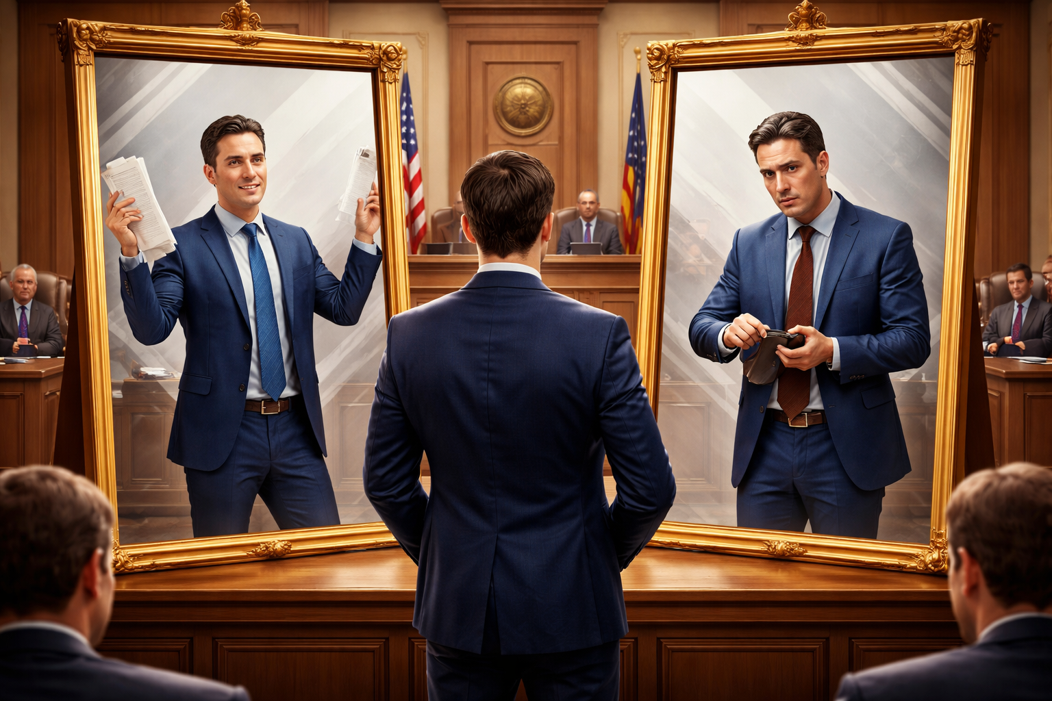 A courtroom scene with a litigant facing two mirrors showing conflicting versions of themselves, symbolizing inconsistent legal positions and the doctrine of judicial estoppel in Texas law.
