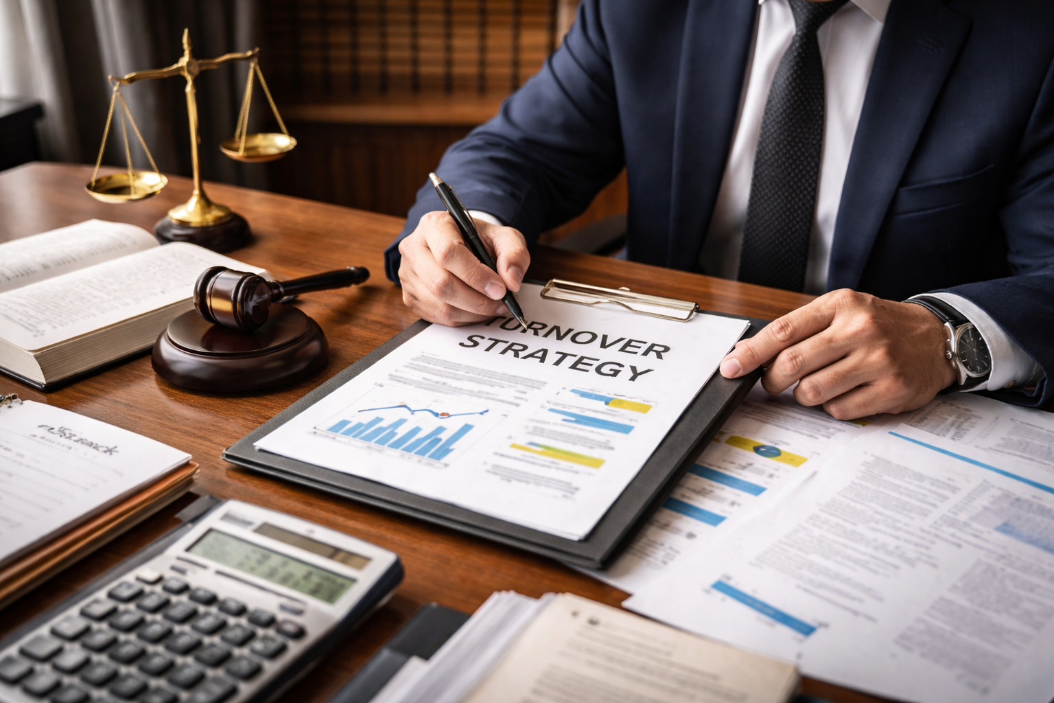 Attorney reviewing financial documents and strategy notes while preparing a turnover motion to enforce a judgment under Texas law.