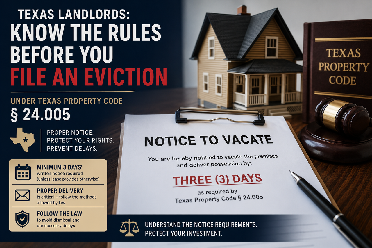 A professional legal illustration about Texas eviction law featuring a Notice to Vacate on a clipboard beside a wooden judge's gavel, a model house, and a Texas Property Code book. Large headline text reads, "Texas Landlords: Know the Rules Before You File an Eviction," with references to Texas Property Code § 24.005.