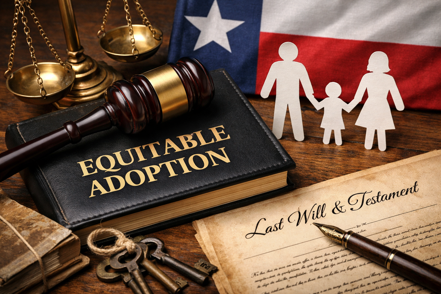 Judge’s gavel resting on a law book titled “Equitable Adoption,” beside a Last Will and Testament, scales of justice, antique keys, a paper family silhouette, and the Texas flag in the background.