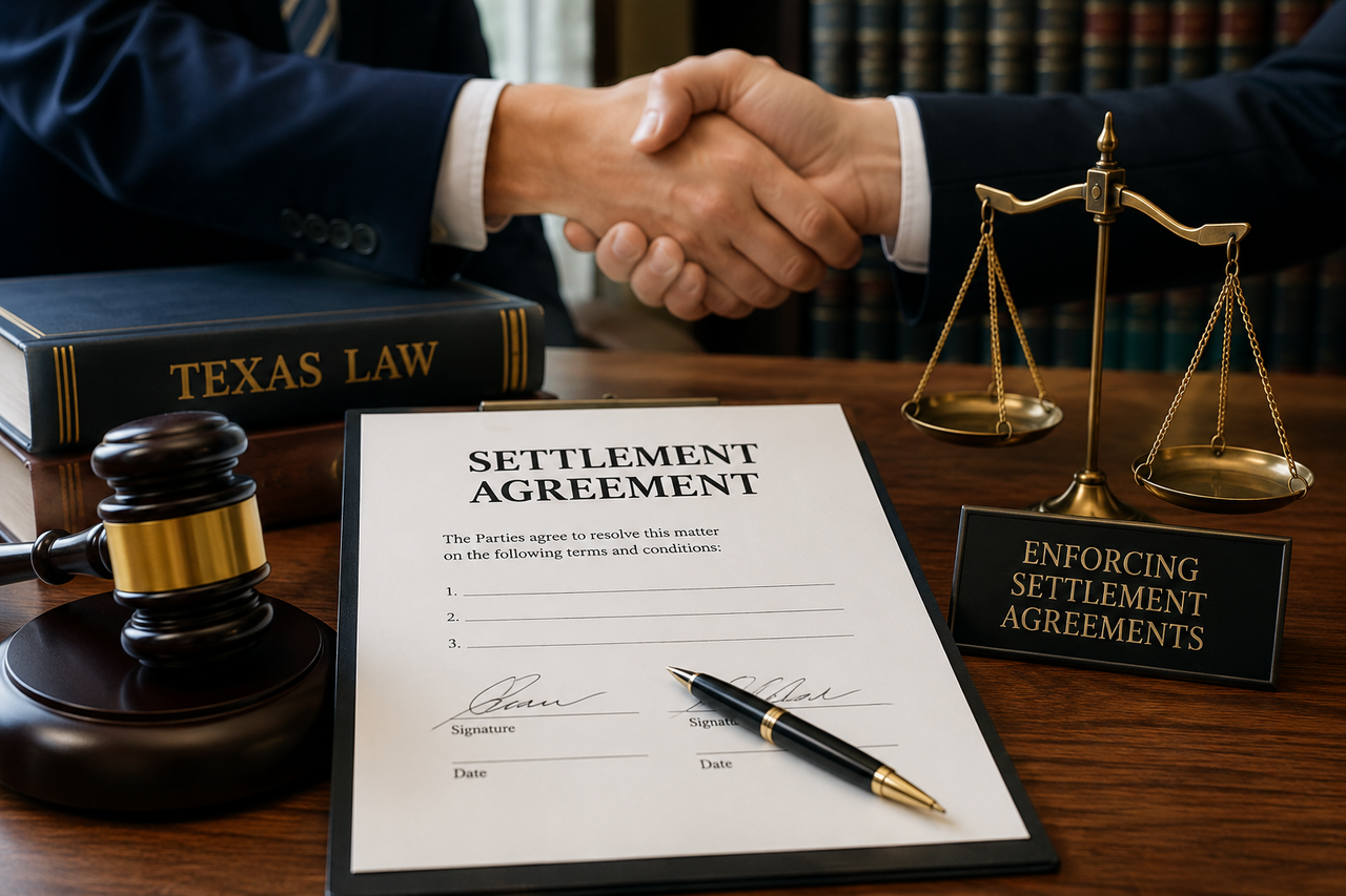 Texas settlement agreement enforcement concept showing two parties shaking hands over a signed settlement agreement with a judge's gavel, scales of justice, and legal reference materials in a law office setting.