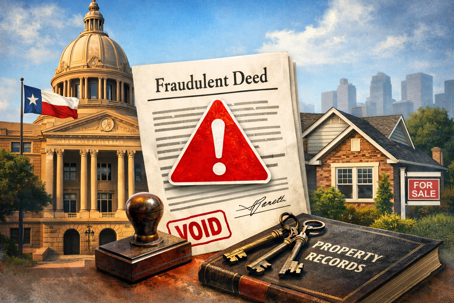 Illustration of a Texas courthouse and residential property with a warning symbol over a recorded deed, representing fraudulent real estate filings and title theft under Texas law.