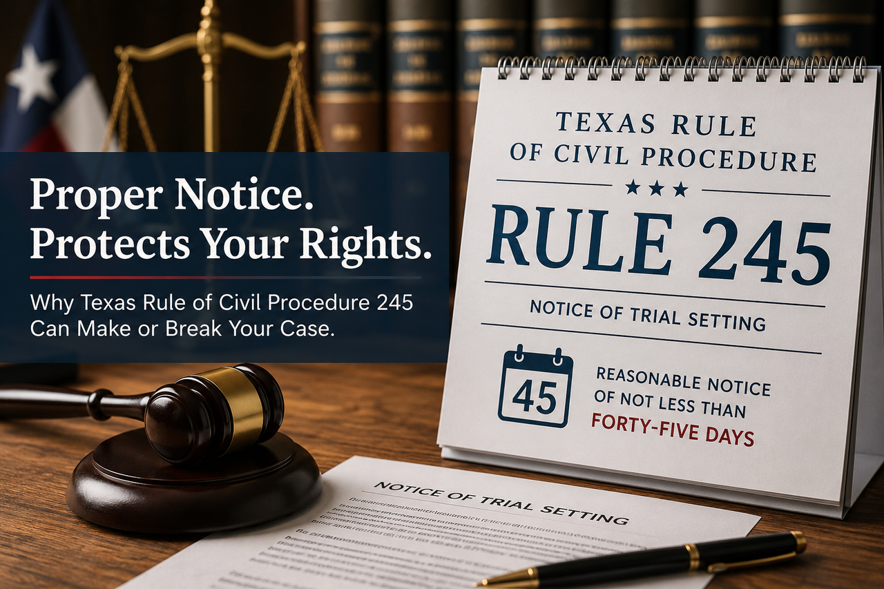 A professional legal-themed graphic illustrating Texas Rule of Civil Procedure 245. A judge's gavel rests on a wooden desk beside a notice of trial setting and a desk calendar prominently displaying "Rule 245" with a highlighted 45-day notice requirement. In the background are law books, the scales of justice, and a Texas flag. The image emphasizes the importance of proper notice before a civil trial and the procedural safeguards that protect litigants' due process rights in Texas courts