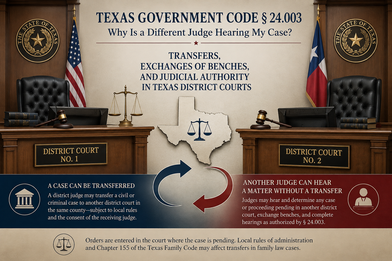 Texas Government Code § 24.003 infographic showing two Texas district court benches and explaining case transfers, exchanges of benches, and a judge’s authority to hear matters pending in another district court.