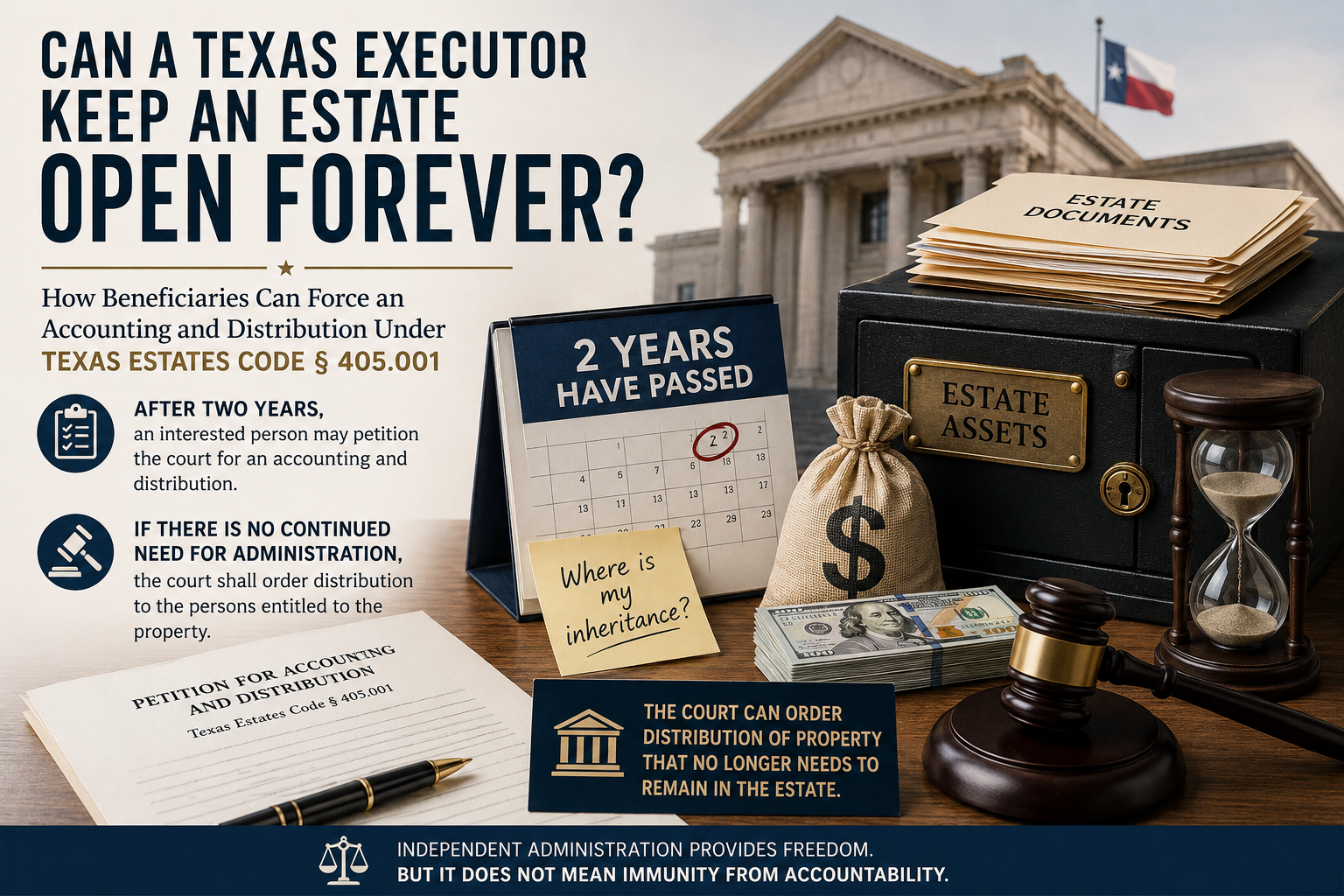 Texas probate infographic showing estate documents, money, a locked estate-assets safe, a two-year calendar, hourglass, gavel, and courthouse, explaining how beneficiaries may seek an accounting and court-ordered distribution under Texas Estates Code § 405.001 when an independent executor keeps an estate open.