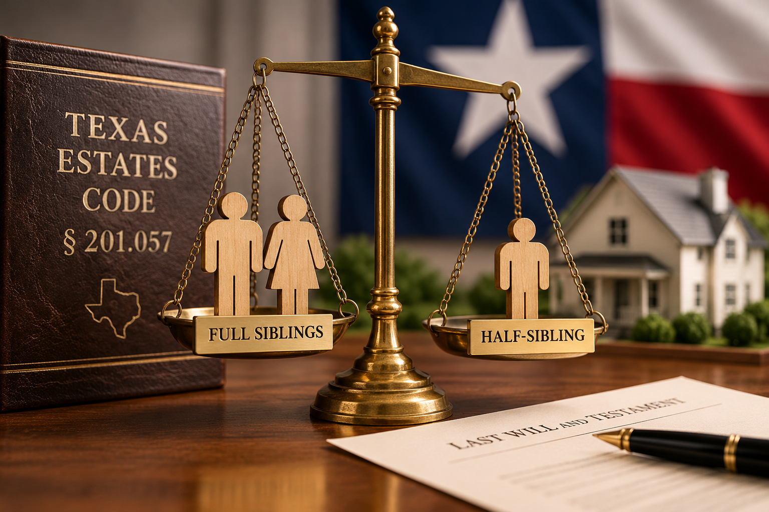 Illustration of Texas inheritance law showing a balance scale comparing full siblings and half-siblings, with the Texas Estates Code § 201.057, a family home, and a last will and testament representing inheritance rights under Texas probate law.