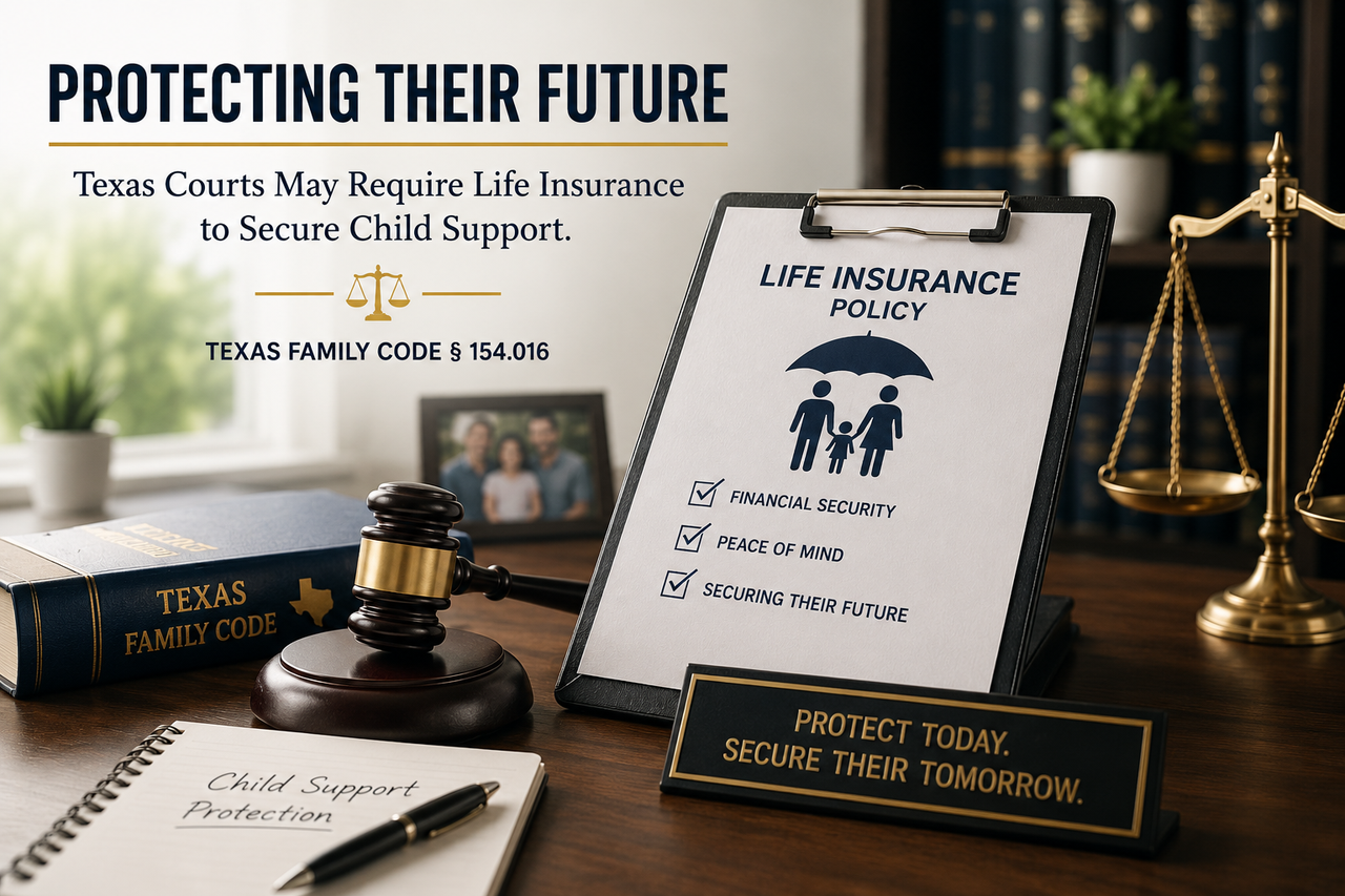 Professional legal-themed illustration showing a judge's gavel, scales of justice, a copy of the Texas Family Code, and a life insurance policy on a clipboard featuring a family icon beneath a protective umbrella. The image includes the headline, "Protecting Their Future," and references Texas Family Code § 154.016, emphasizing that Texas courts may require life insurance to secure child support.