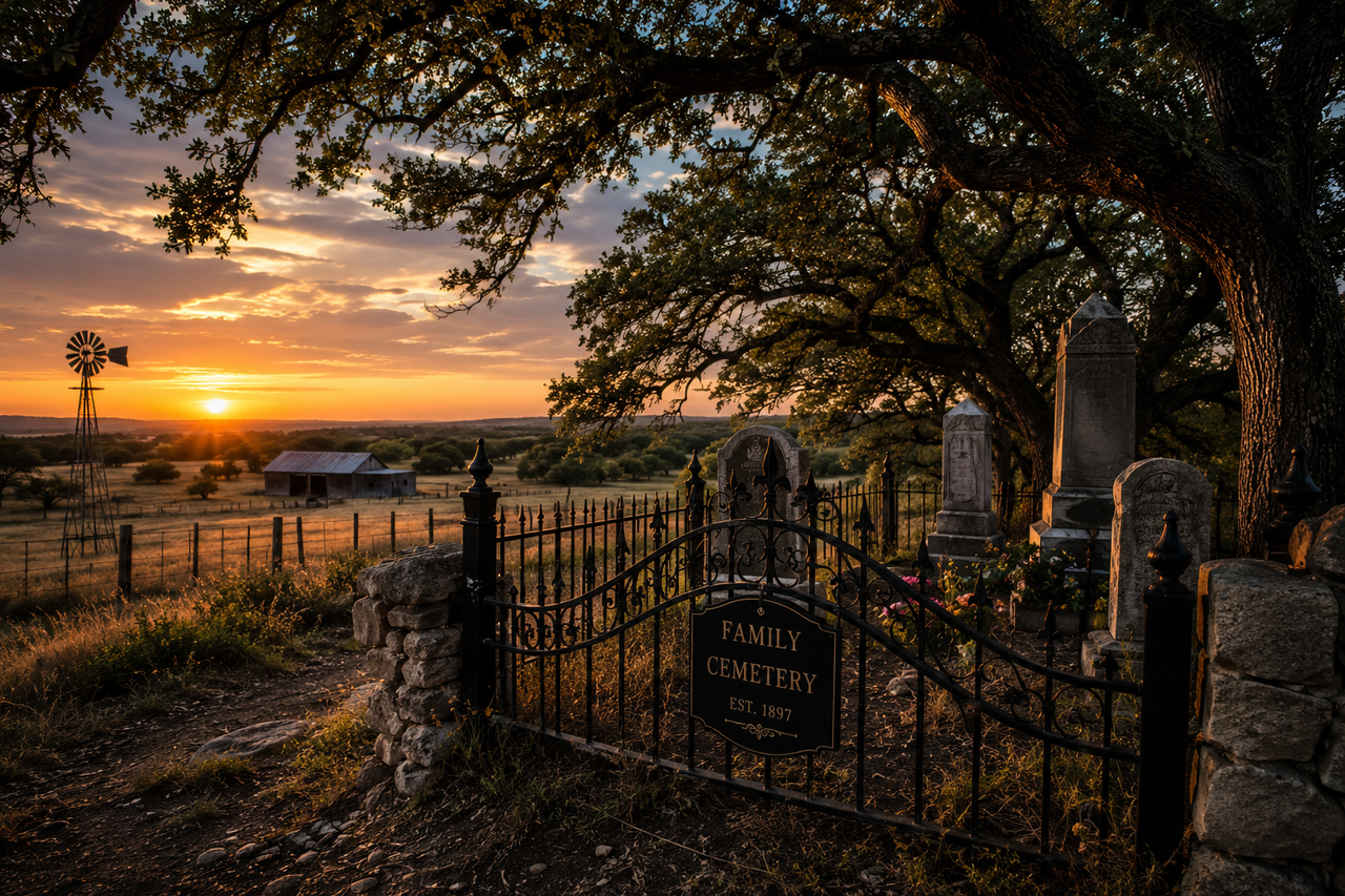 A peaceful family cemetery on a rural Texas ranch at sunset, enclosed by an ornate wrought-iron fence beneath sprawling live oak trees. Historic gravestones overlook open pastureland with a rustic barn and traditional windmill in the distance, illustrating the concept of private family burial grounds and Texas property law.