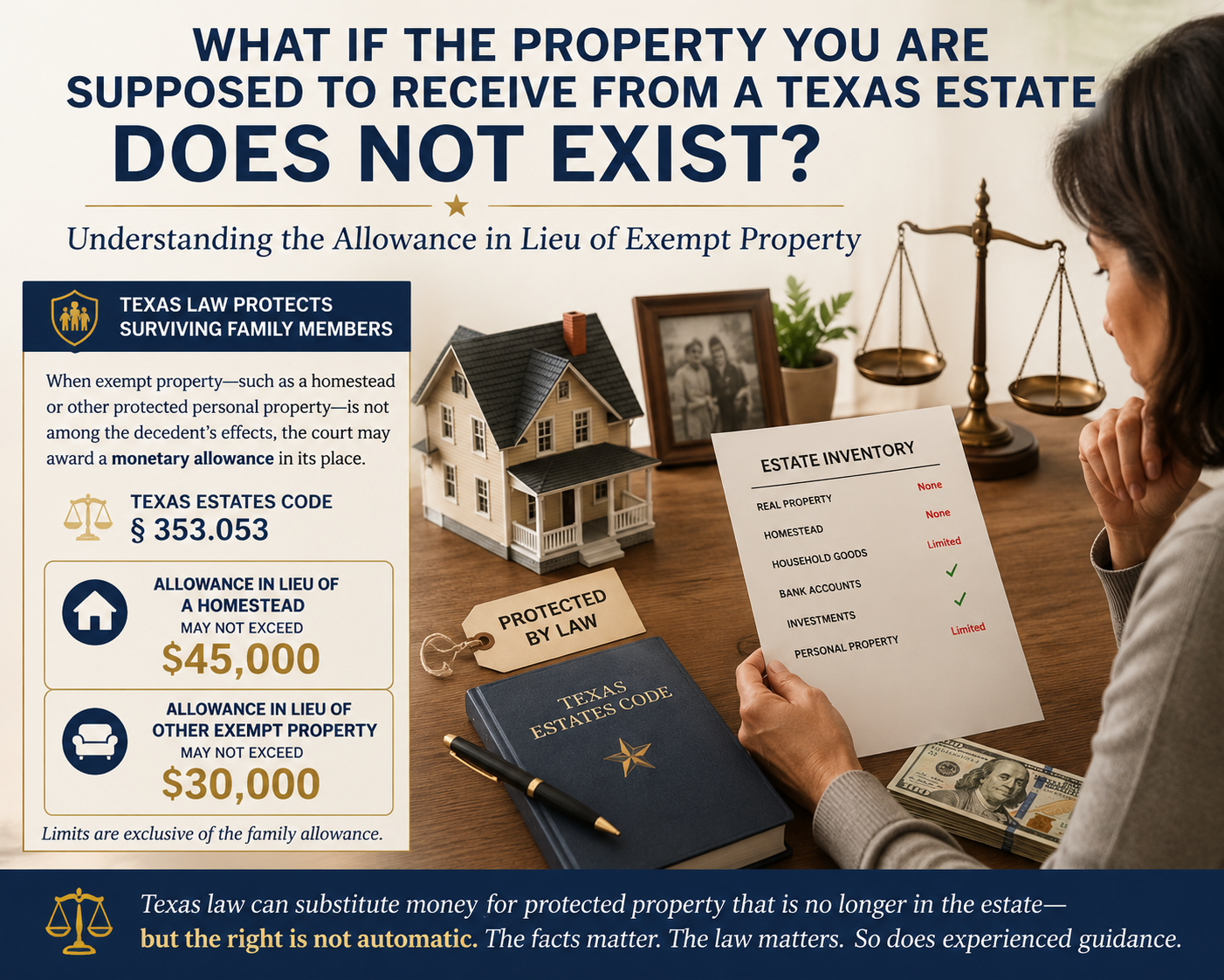 Texas probate infographic showing a surviving family member reviewing an estate inventory beside a model home, cash, scales of justice, and a Texas Estates Code book, explaining the allowance in lieu of exempt property under Texas Estates Code § 353.053, including limits of $45,000 for a homestead and $30,000 for other exempt property.