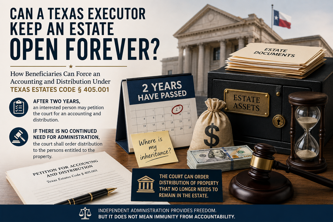 Texas probate infographic showing estate documents, money, a locked estate-assets safe, a two-year calendar, hourglass, gavel, and courthouse, explaining how beneficiaries may seek an accounting and court-ordered distribution under Texas Estates Code § 405.001 when an independent executor keeps an estate open.