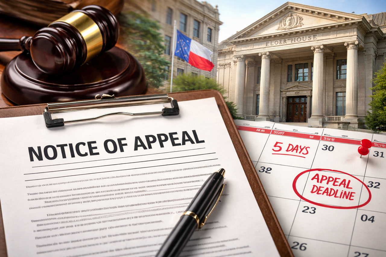 Texas courthouse with legal documents labeled Notice of Appeal and court deadline calendar representing Texas civil appeal timelines