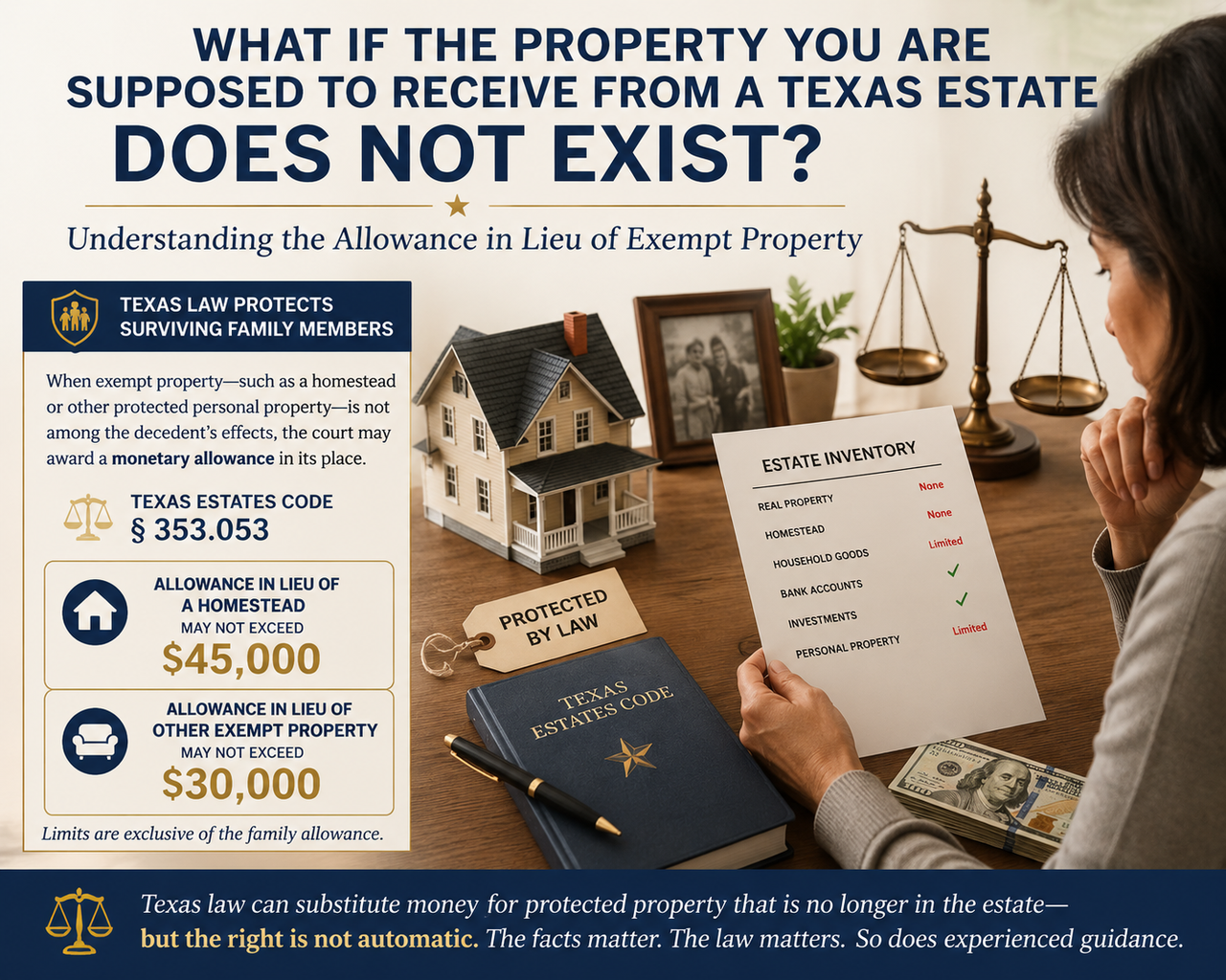 Texas probate infographic showing a surviving family member reviewing an estate inventory beside a model home, cash, scales of justice, and a Texas Estates Code book, explaining the allowance in lieu of exempt property under Texas Estates Code § 353.053, including limits of $45,000 for a homestead and $30,000 for other exempt property.