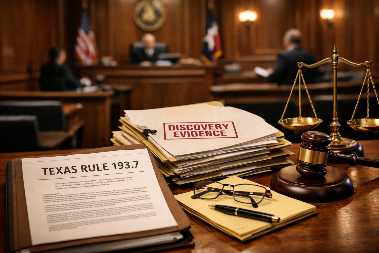 Texas courtroom scene with legal documents and evidence files on a wooden counsel table, symbolizing the use of discovery materials and self-authenticating documents under Texas Rule of Civil Procedure 193.7.
