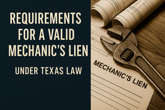 Learn the requirements for filing a valid mechanic’s lien under Texas law. Deadlines, notices, lien affidavits, and enforcement steps explained for contractors, subcontractors, and suppliers.