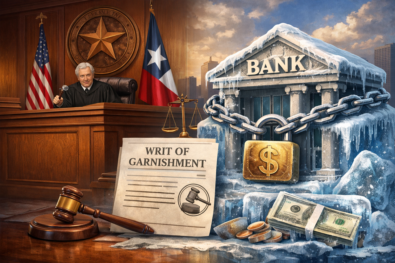 Illustration showing a Texas courtroom and a frozen bank account symbolizing writs of garnishment under Texas law, representing judgment enforcement and creditor collection actions.
