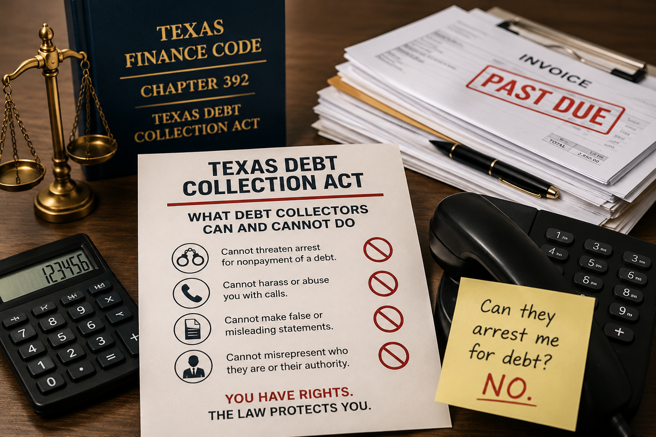 A professional legal still life illustrating the Texas Debt Collection Act. A law book labeled "Texas Finance Code Chapter 392" stands beside the scales of justice, a stack of overdue invoices stamped "Past Due," a calculator, a desk telephone, and a consumer rights information sheet explaining prohibited debt collection practices.