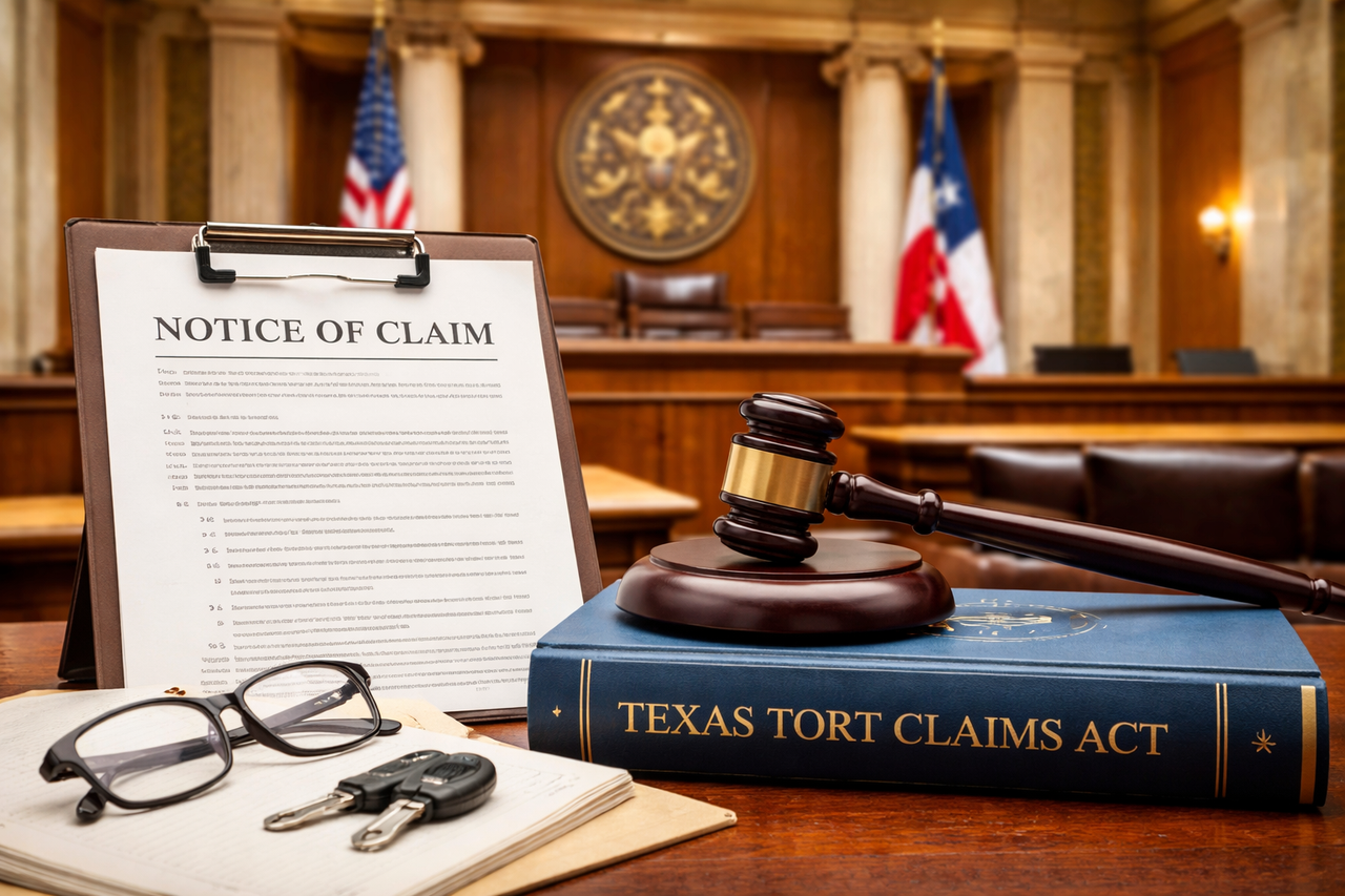 Texas courthouse with legal documents and gavel representing notice of claim requirements for lawsuits against government entities in Texas.