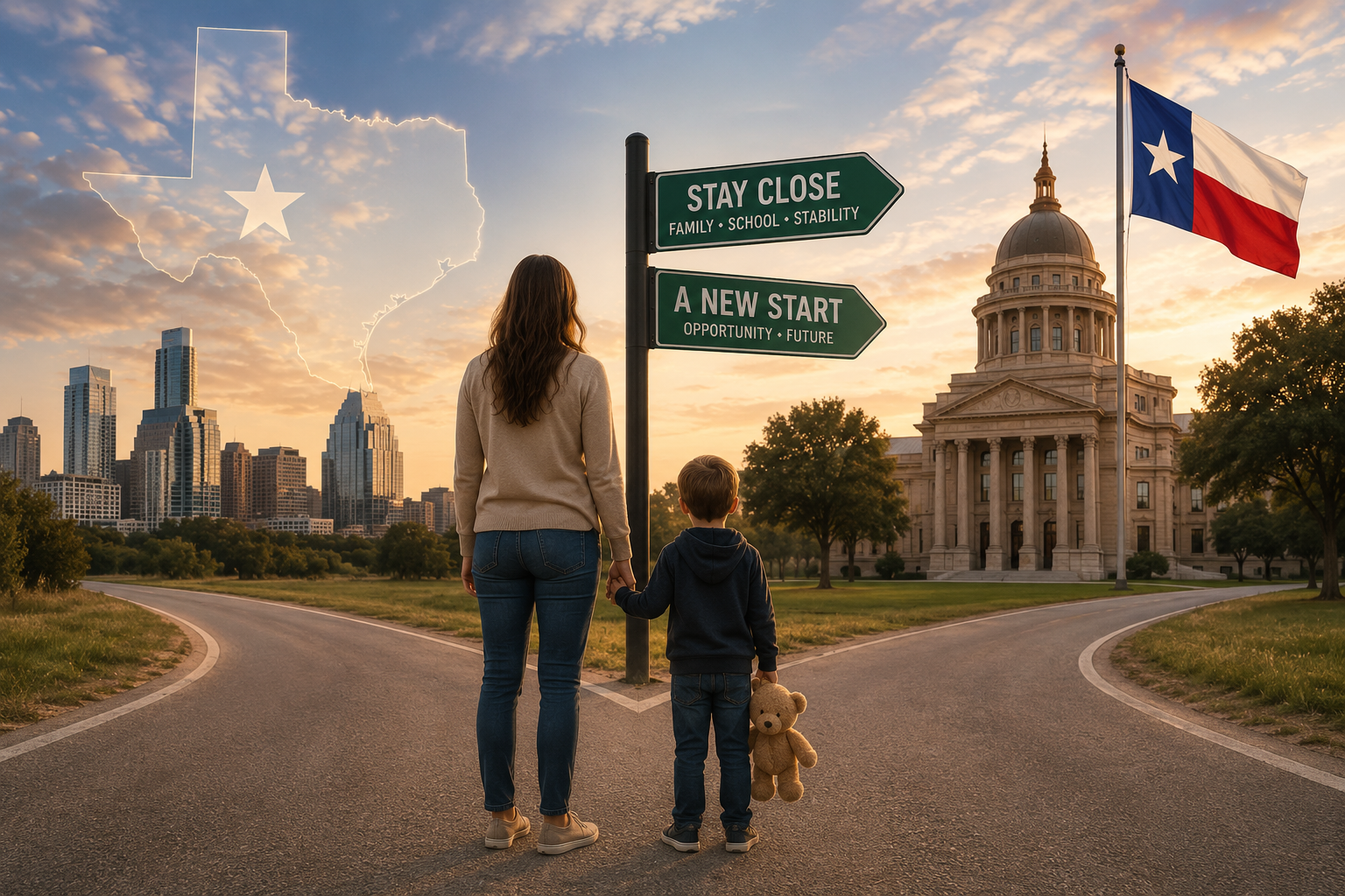 Texas child custody relocation and geographic restriction concept showing a parent and child at a crossroads near a courthouse and Texas flag, illustrating legal issues involving custody orders, conservatorship, and parental moves after divorce.