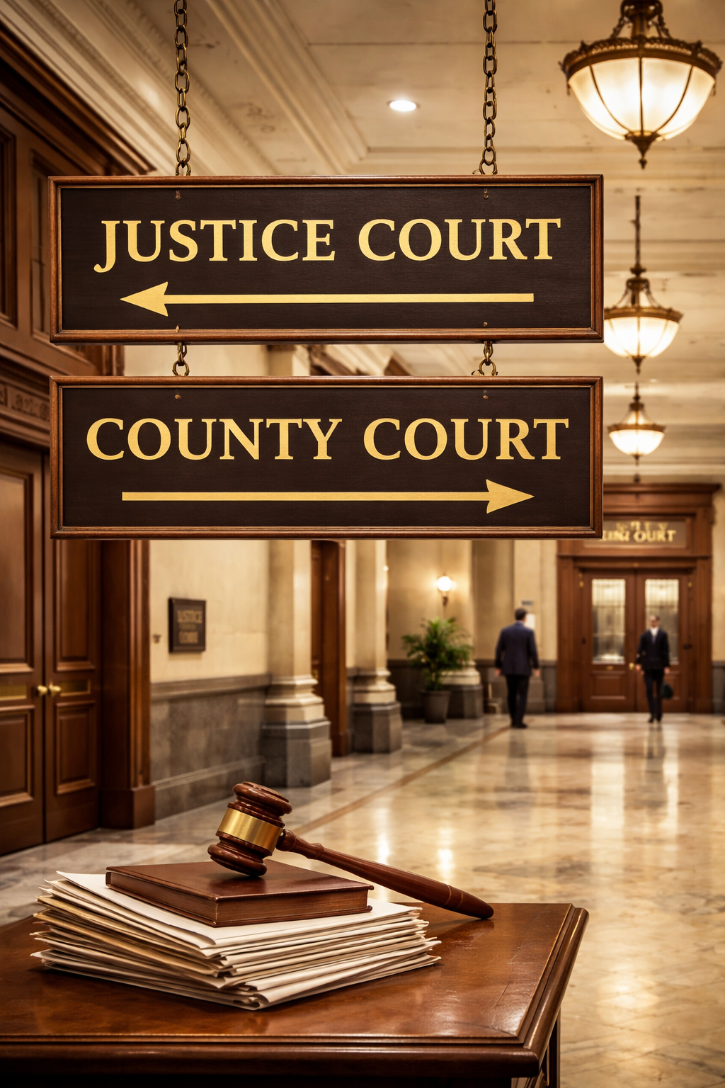 Texas courthouse hallway showing justice court and county court signs symbolizing the appeal process and trial de novo for small claims and eviction cases in Texas