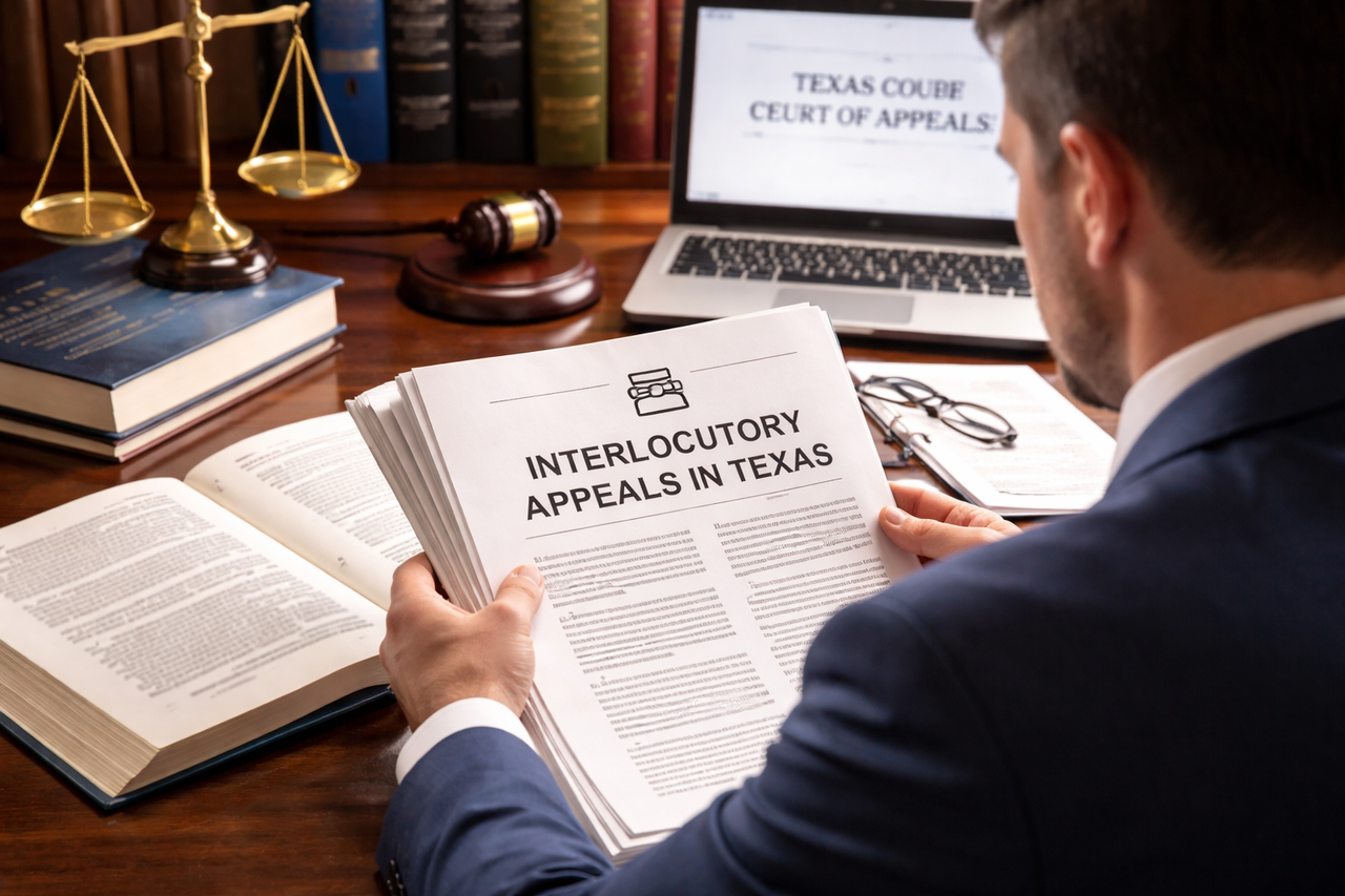 Attorney reviewing court documents and appellate records in a Texas law office, symbolizing interlocutory appeals, Texas litigation strategy, and early appeals under Texas Civil Practice and Remedies Code § 51.014.