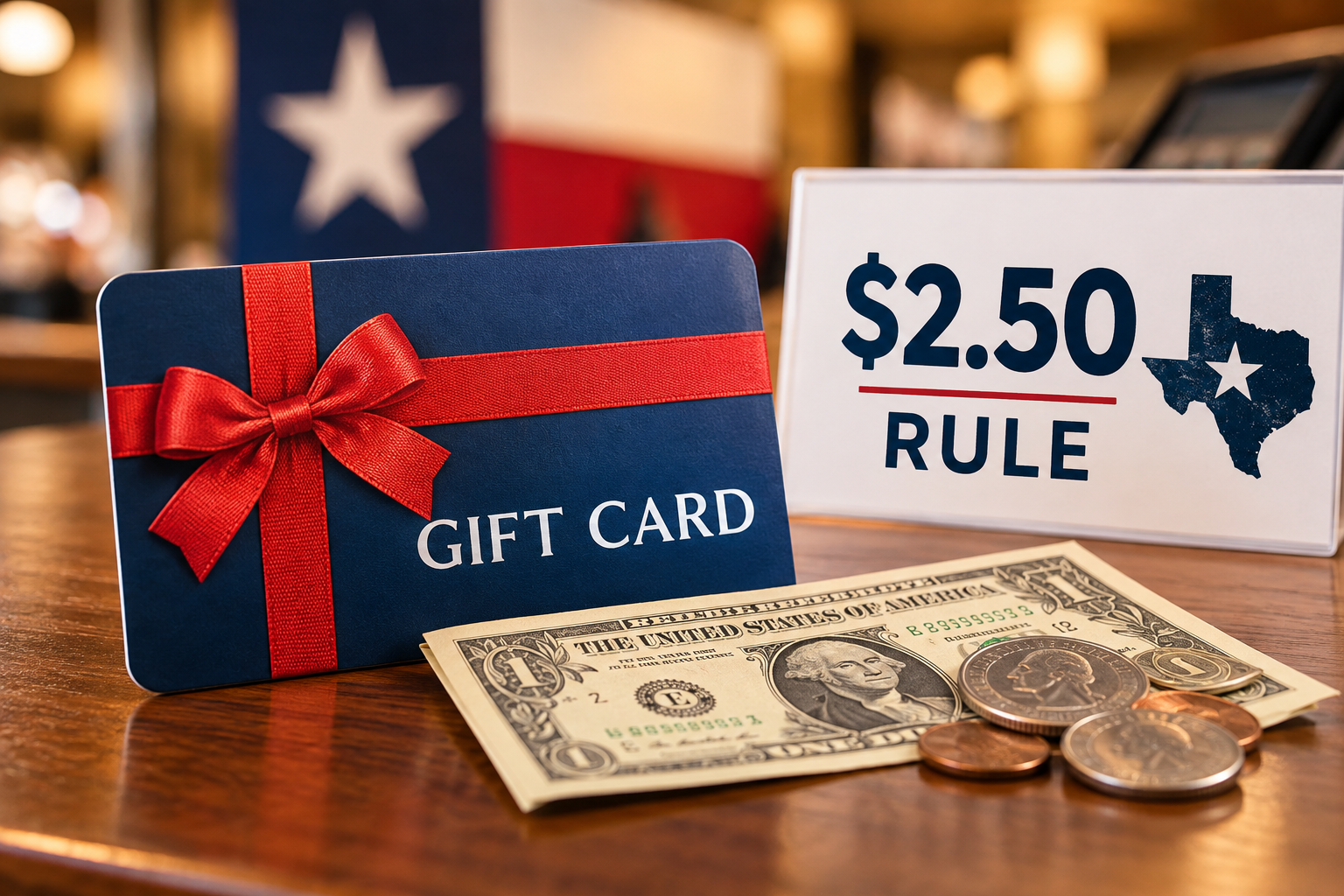Texas gift card with cash and coins illustrating the $2.50 cash-back rule for certain gift card balances under Texas Business and Commerce Code Chapter 604.