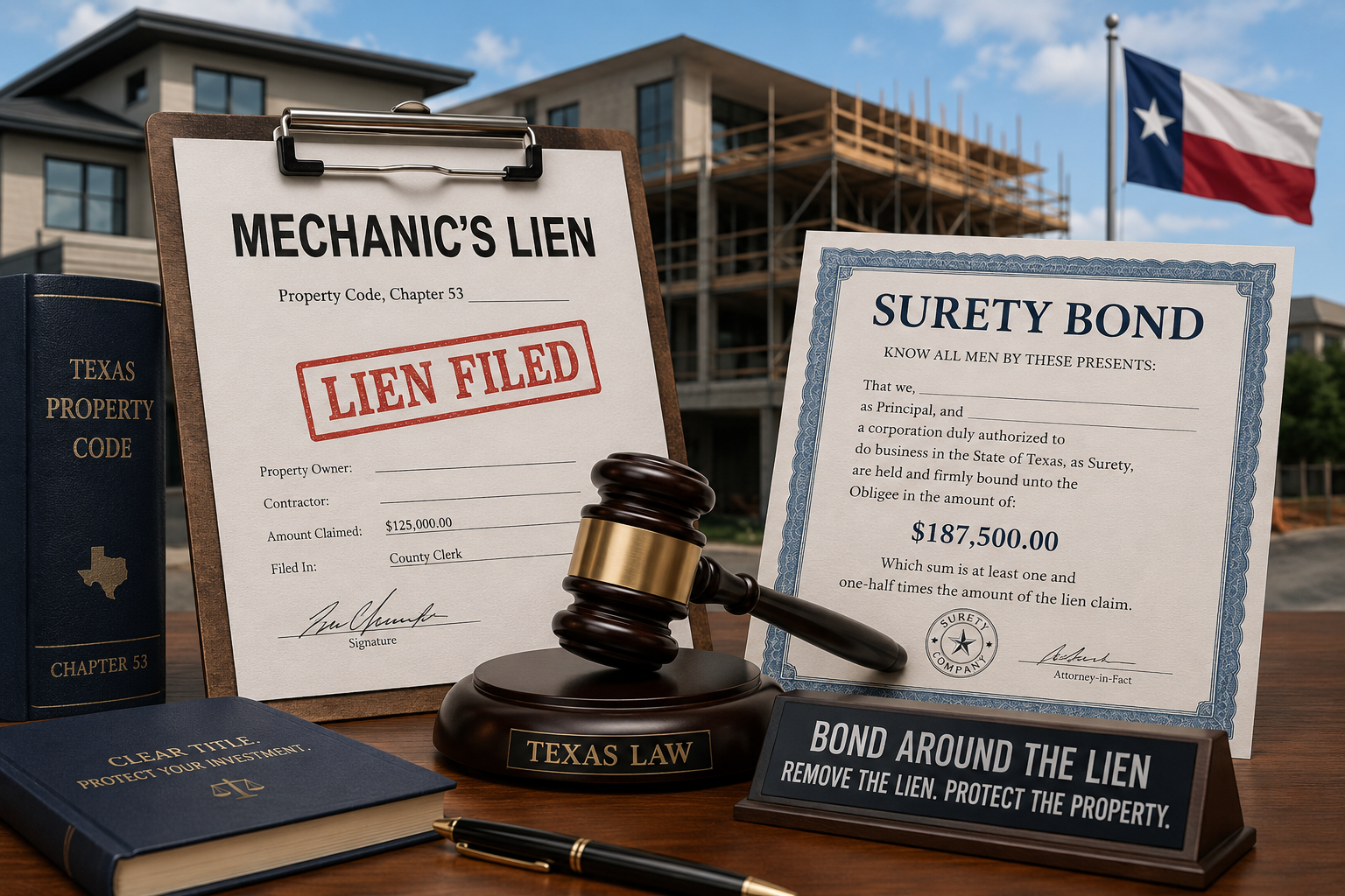 Texas mechanic's lien removal concept showing a filed lien, surety bond, construction site, and legal materials. The image illustrates how Texas property owners can bond around a mechanic's lien under Chapter 53 of the Texas Property Code.
