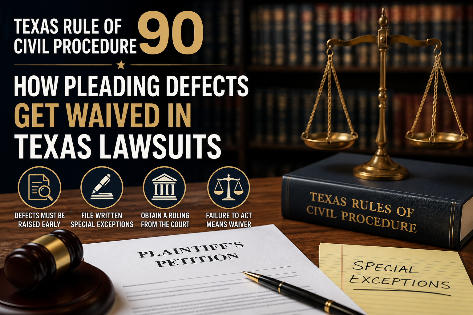 Illustration of a Texas courtroom with legal pleadings, highlighted procedural rules, and a judge's bench in the background. A lawyer reviews court filings while sections of a petition are marked for objection, symbolizing Texas Rule of Civil Procedure 90 and the importance of preserving challenges to defective pleadings through timely special exceptions in Texas civil litigation.