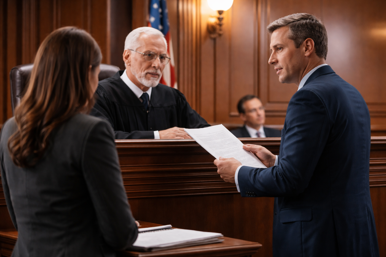 Texas courtroom scene with attorney making an offer of proof outside jury presence, emphasizing appellate record preservation