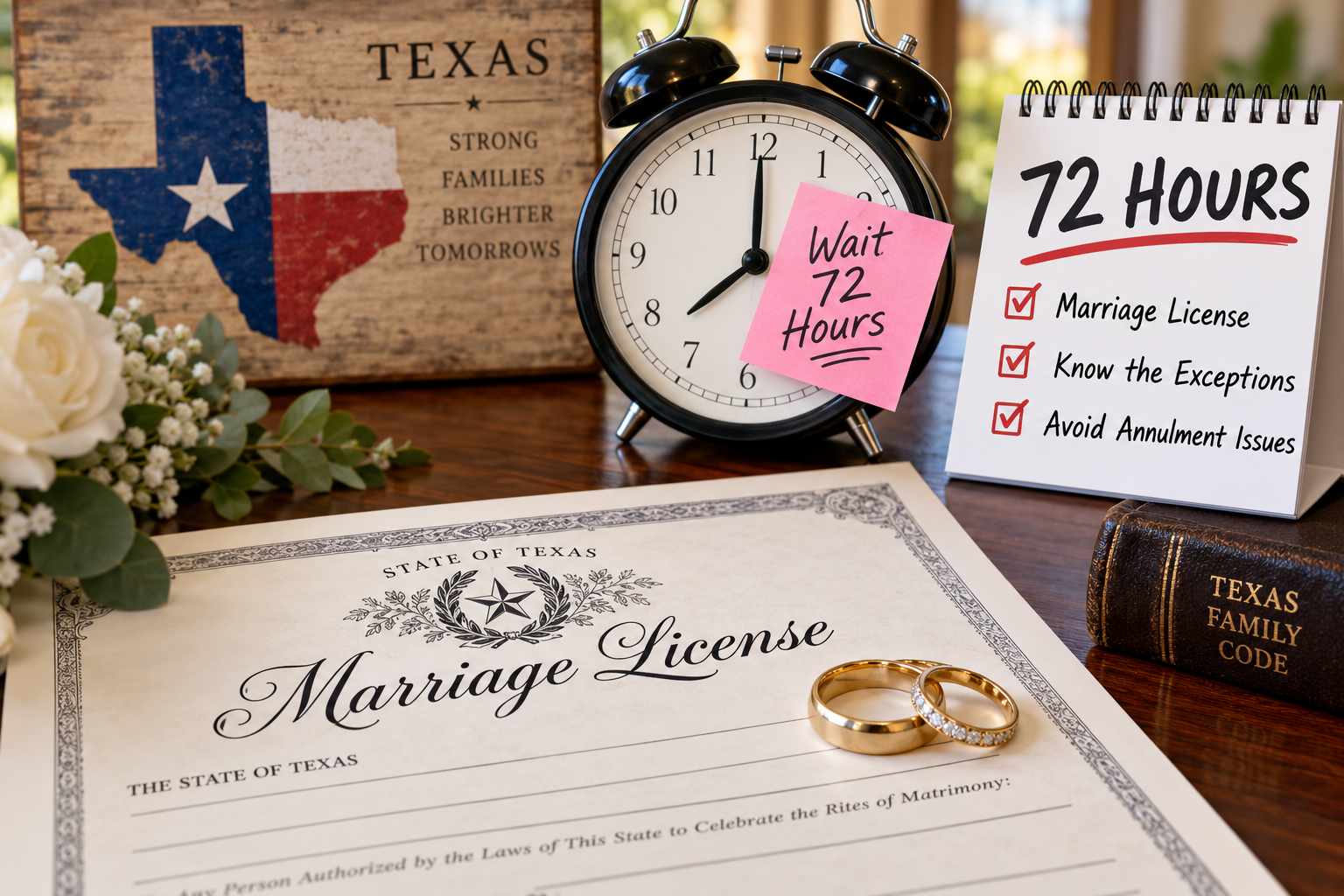 Texas marriage license with wedding rings, a clock, and a 72-hour reminder illustrating the Texas marriage-license waiting period and potential annulment issues.
