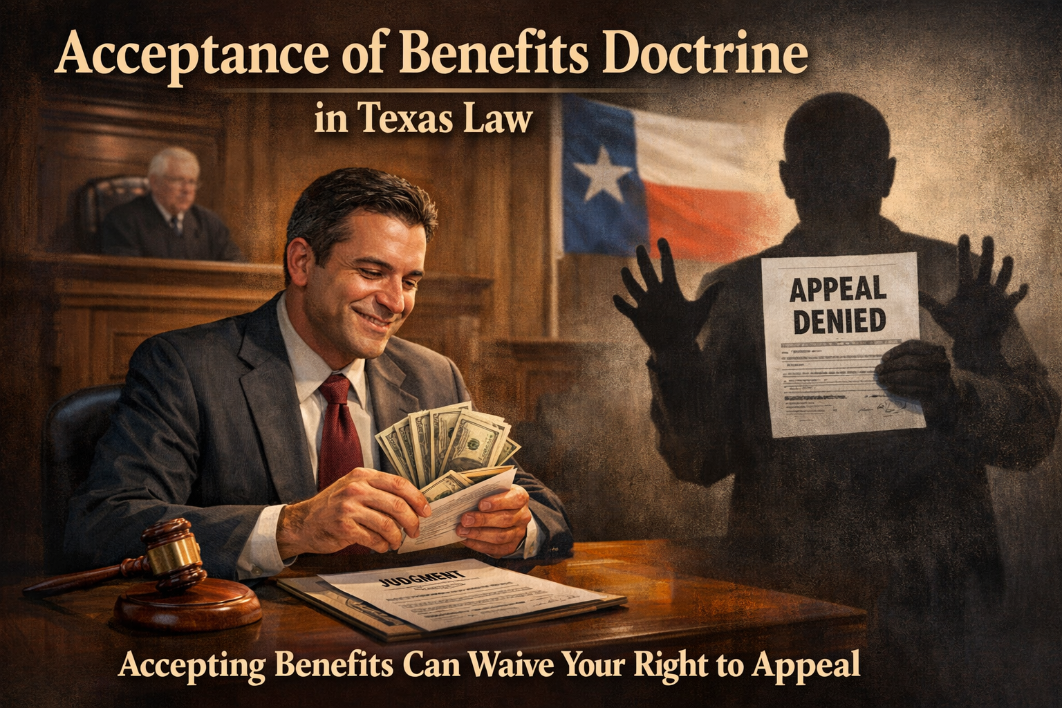 A courtroom scene showing a litigant receiving money from a judgment while a shadow behind them symbolizes losing the right to appeal, representing the acceptance of benefits doctrine in Texas law.