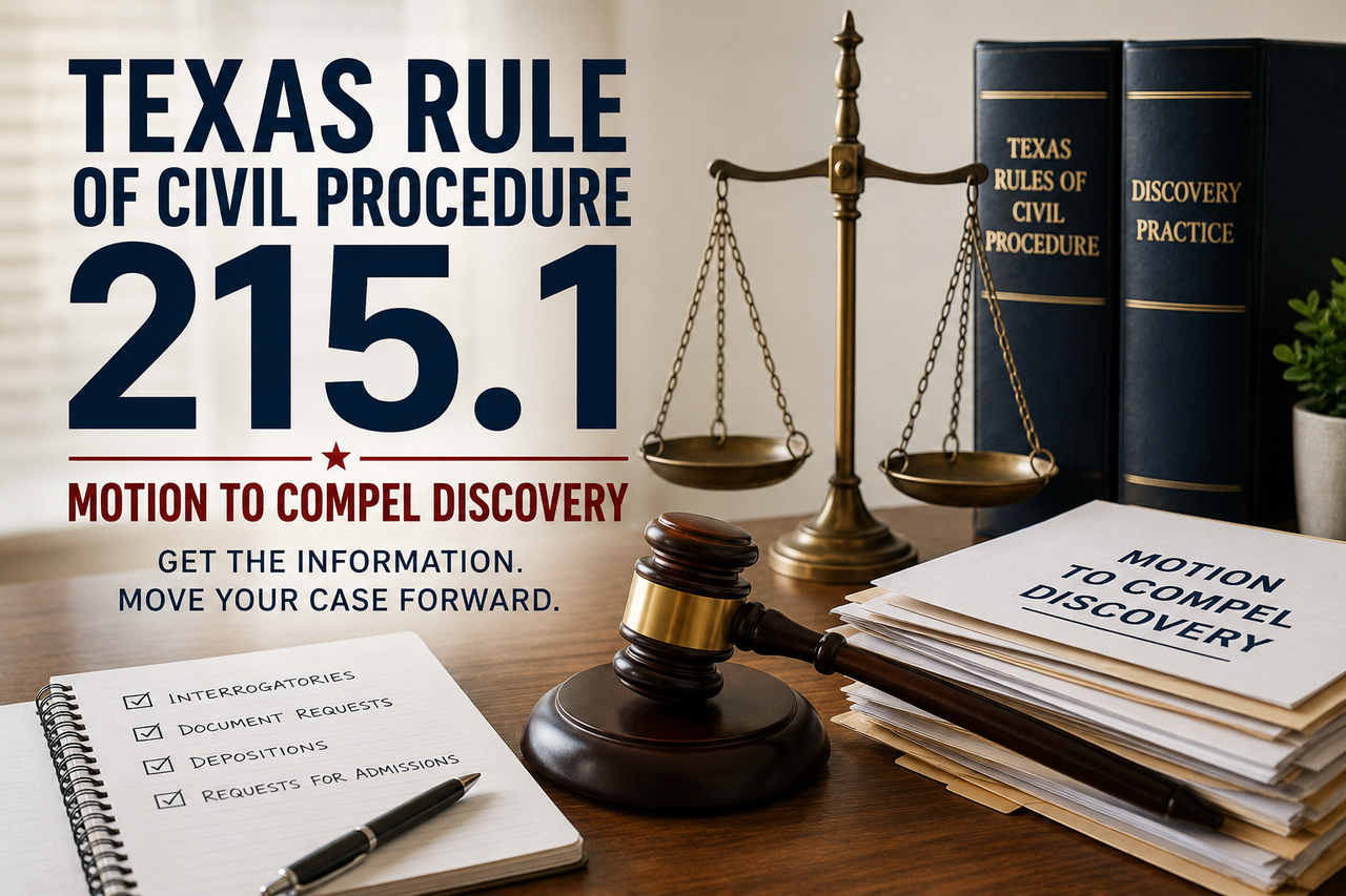 Texas Rule of Civil Procedure 215.1 motion to compel discovery illustration with judge's gavel, scales of justice, legal documents, and Texas civil procedure books, representing Texas discovery disputes, civil litigation, and motions to compel in Texas courts.