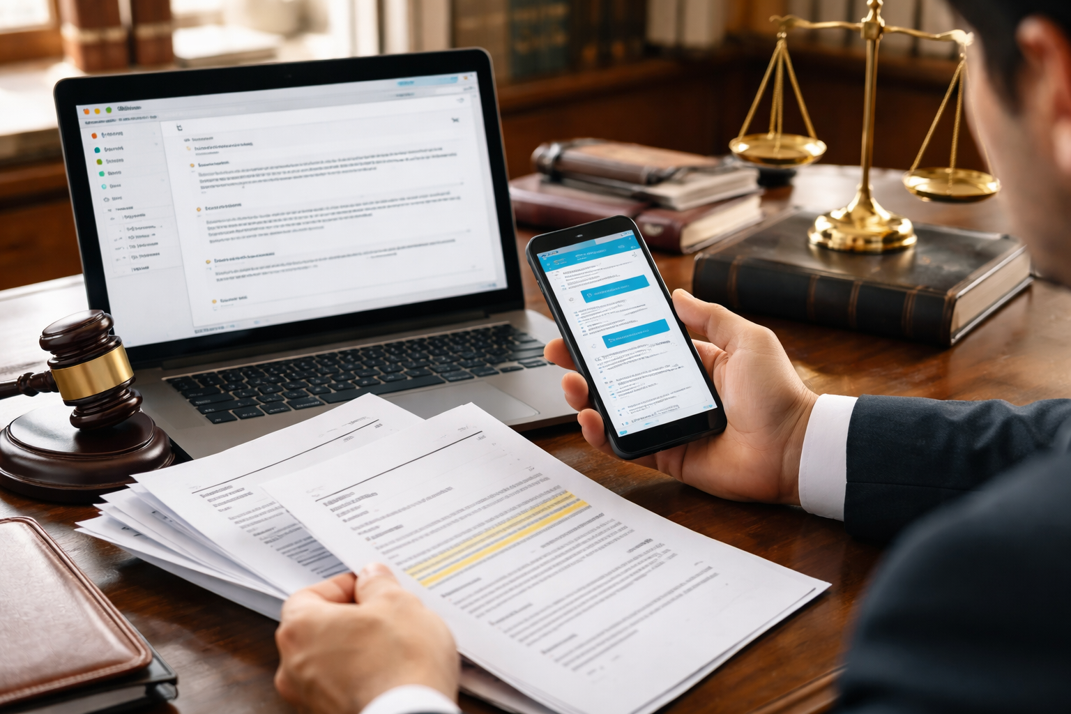 Attorney reviewing text messages and emails on a smartphone and laptop in a Texas probate case, representing digital evidence used in will contests and estate disputes under Texas law.