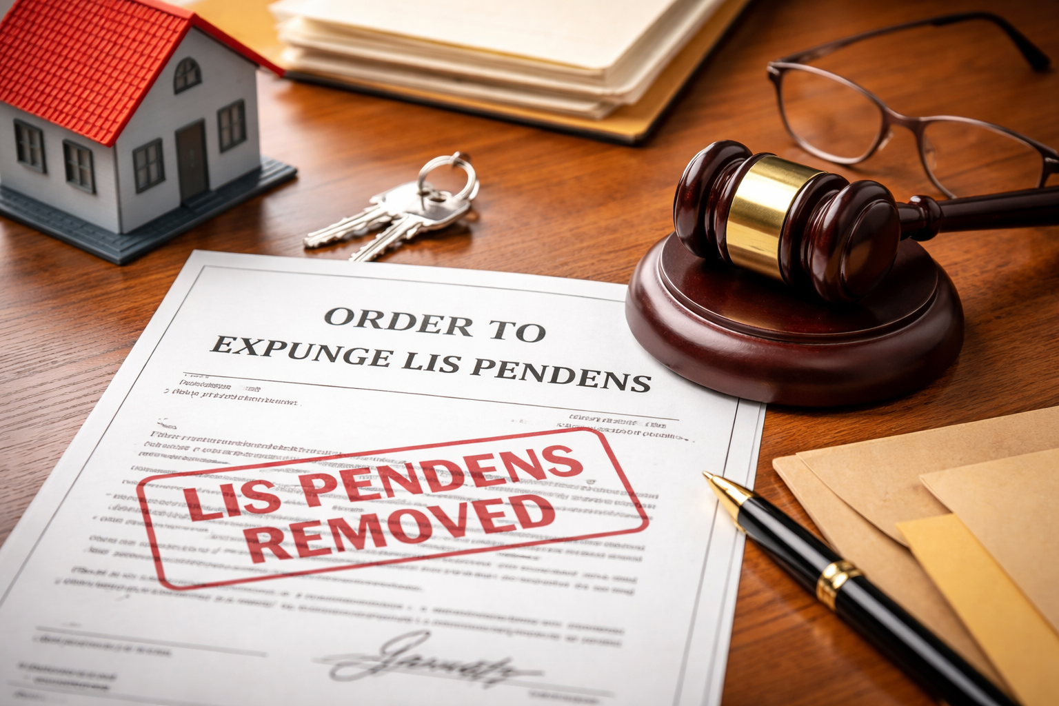 Court order to expunge a lis pendens in Texas with a red “Lis Pendens Removed” stamp beside a judge’s gavel, house model, and property documents.