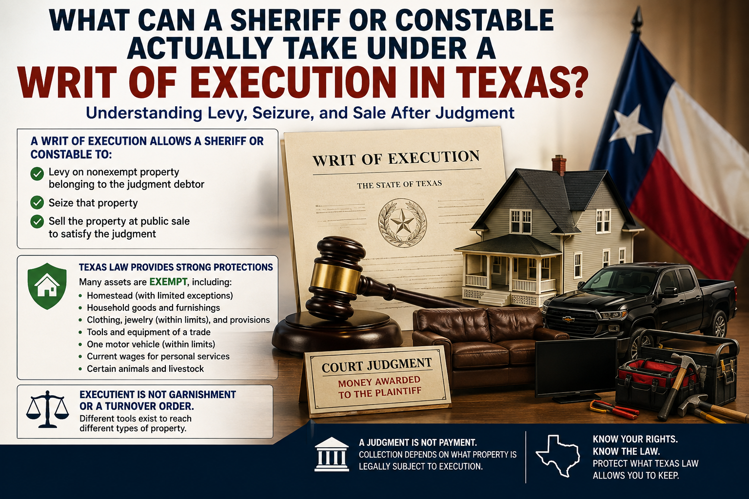 Texas writ of execution illustration showing a court judgment, gavel, Texas flag, house, vehicle, furniture, and tools, explaining what property a sheriff or constable may seize and what assets may be exempt from judgment collection under Texas law.