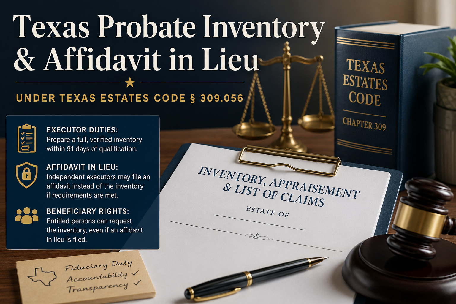 Texas probate inventory and affidavit in lieu under Texas Estates Code § 309.056, illustrating executor duties, beneficiary rights, and estate administration requirements.