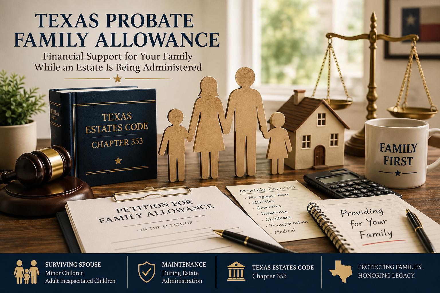 Texas probate family allowance illustration featuring a wooden family, model home, scales of justice, gavel, Texas Estates Code Chapter 353, household expense documents, and a calculator representing financial support for surviving spouses and children during estate administration.