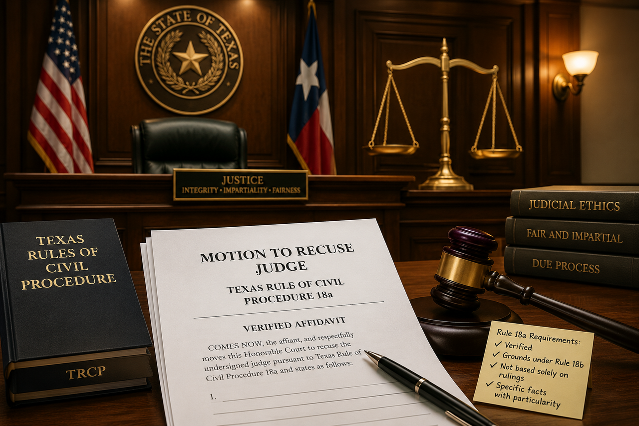 Texas Rule 18a motion to recuse judge in a Texas courtroom with legal pleadings, gavel, scales of justice, and judicial ethics materials.