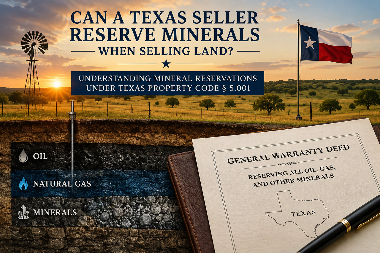 Texas mineral rights illustration showing a ranch, underground oil and gas deposits, and a warranty deed reserving mineral rights. The image explains how Texas sellers may reserve mineral interests when selling land under Texas Property Code § 5.001.