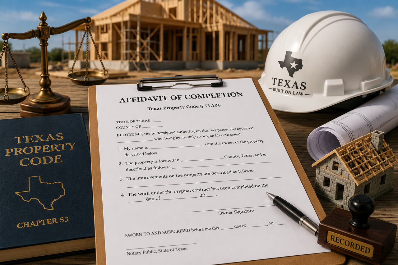 Texas Affidavit of Completion document with construction plans, hard hat, scales of justice, and a home under construction, illustrating Texas mechanic's lien and construction law.