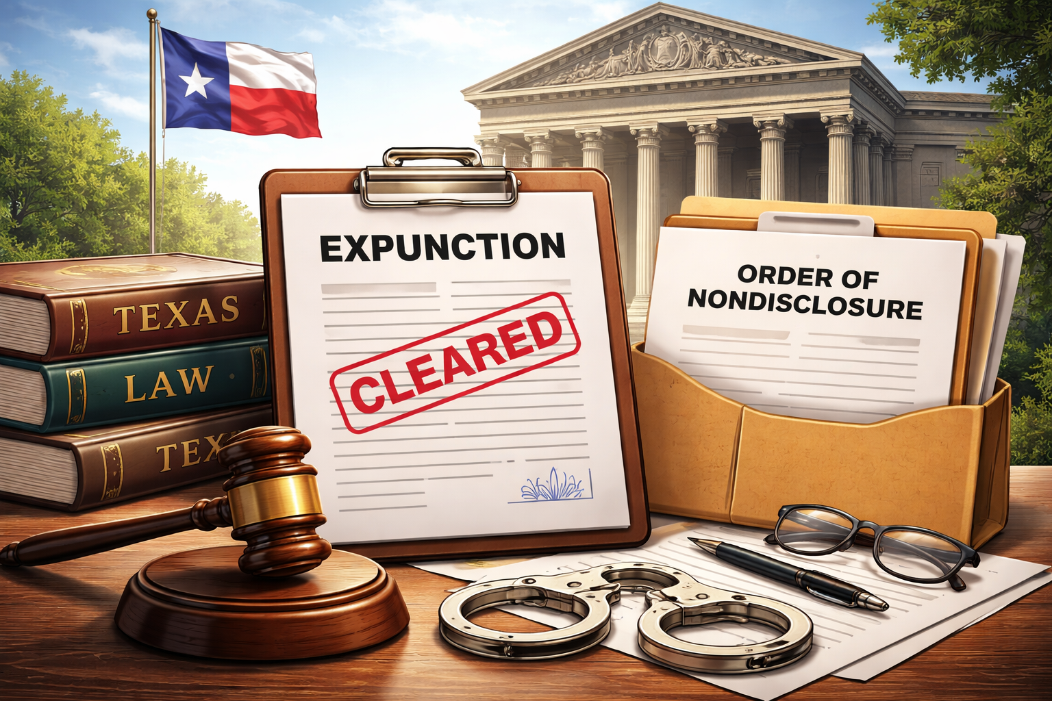 Illustration representing Texas expunctions and orders of nondisclosure, showing legal documents, a courthouse, and a cleared criminal record under Texas law
